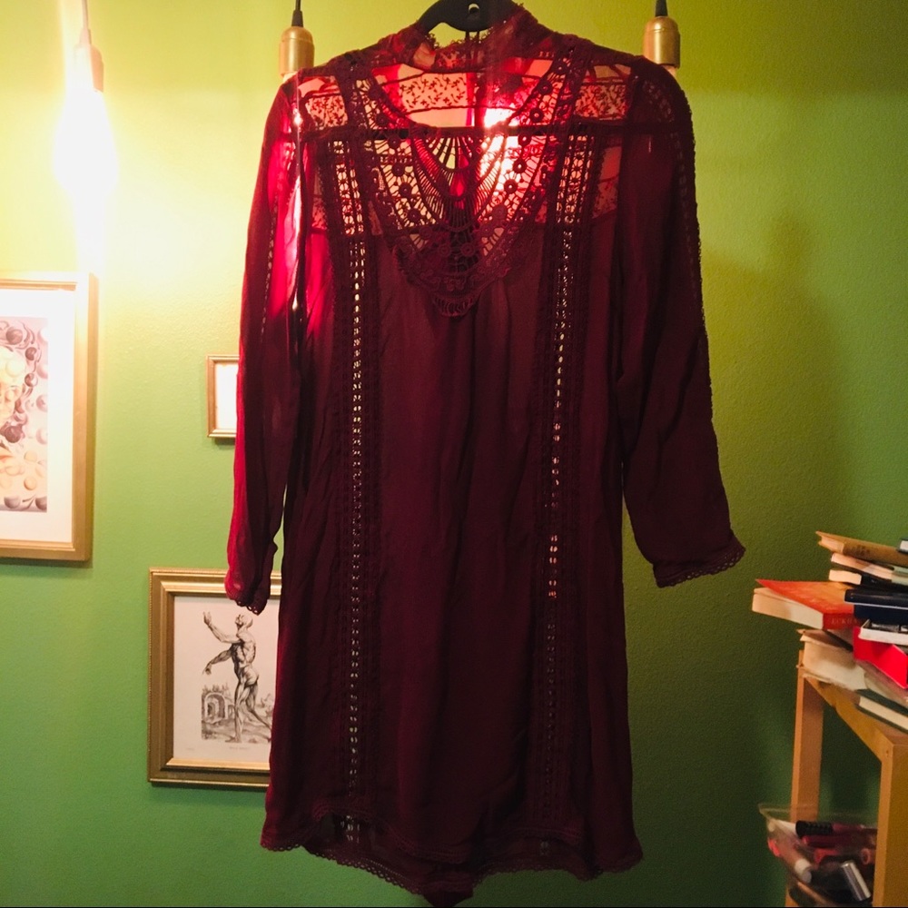 Topshop burgundy dress with lace detail